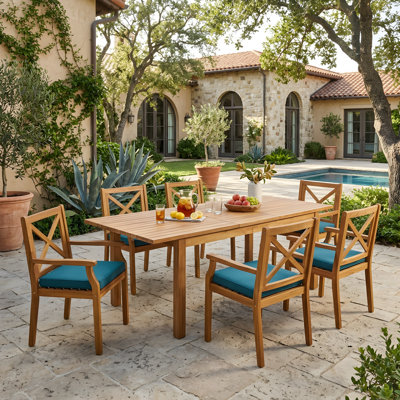 7-Piece Acacia Wood Outdoor Dining Set with Cushions, Modern 6 Chairs and 1 Large Table for Lawn, Backyard, Garden, Deck, and Poolside