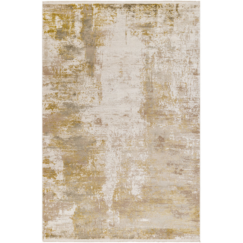 Hilma Abstract Machine Woven Area Rug in Gold/Beige, Rectangle 10' x 14'