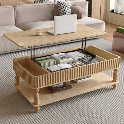 Table basse cannelée à plateau relevable de 47,24 po avec rangement caché avec pieds à colonnes romaines, bandes rectangulaires en bois massif faites à la main, conception à plateau relevable multifonctionnel