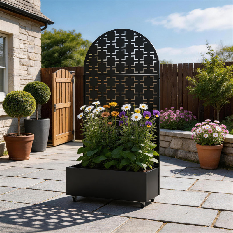Metal Planter Box with Trellis and Wheels, 70.8" H x 35..5" W x 15.7" D