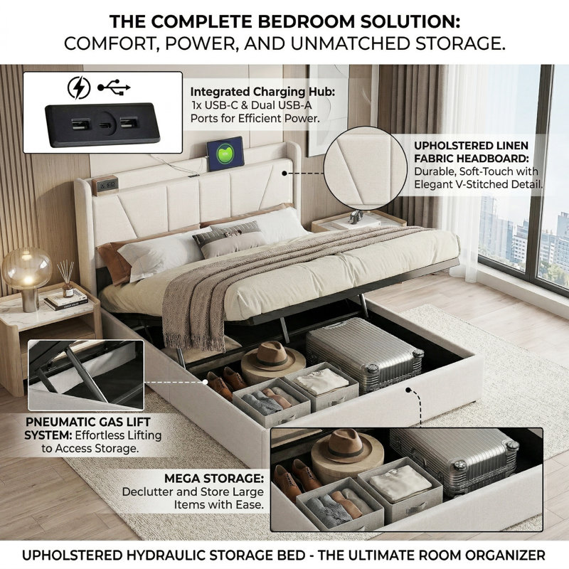 Linen Ottoman Bed with Built-in Cahrging Station, Modern Gas-Lift Storage Bed, Beige/Grey,  EU Double/King 140/160x200cm