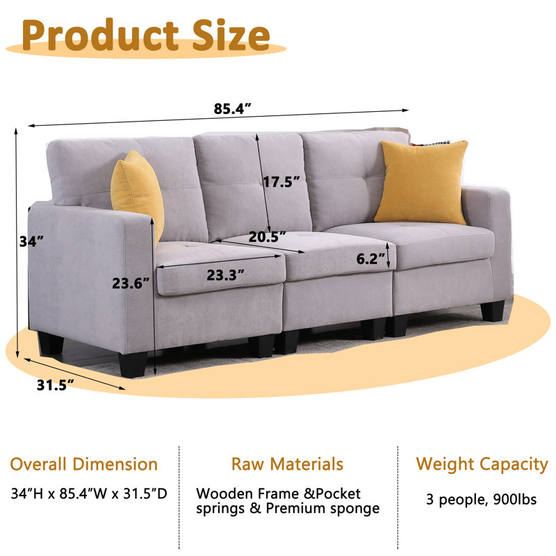 Chesham Breane 85.4'' Square Arm Modular Sofa With Solid Wood legs & 2 Pillows, Light Gray Polyester Blend