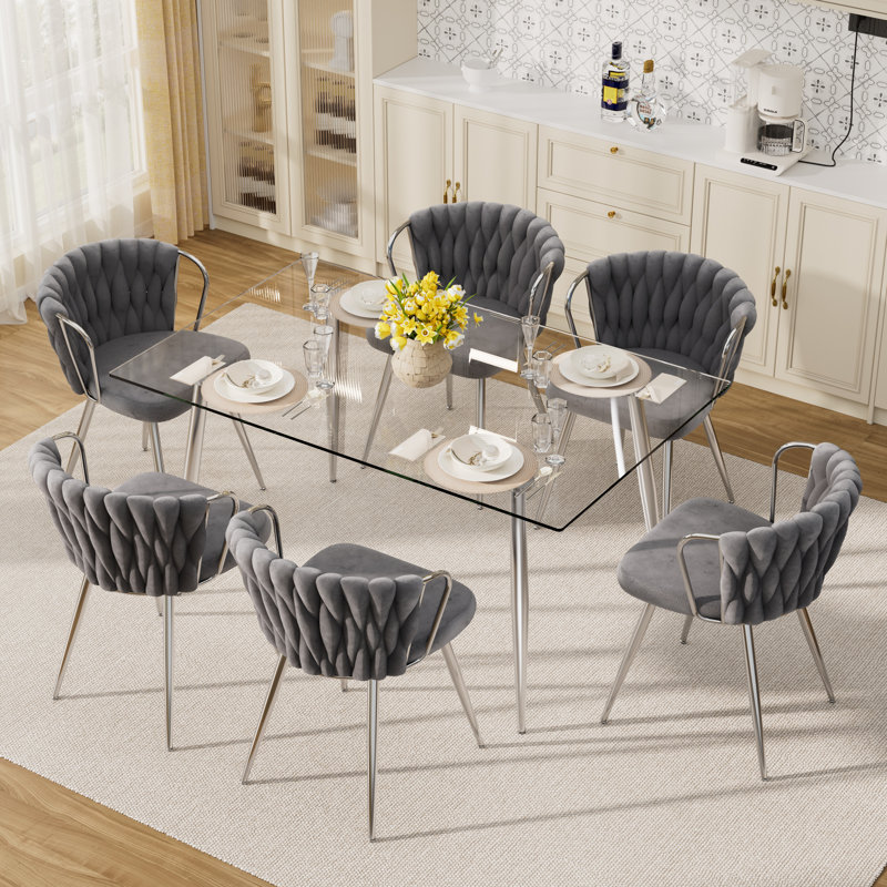 7 - Piece Glass Top Dining Set, 30" H x 51" L x 31.5" W, Gray