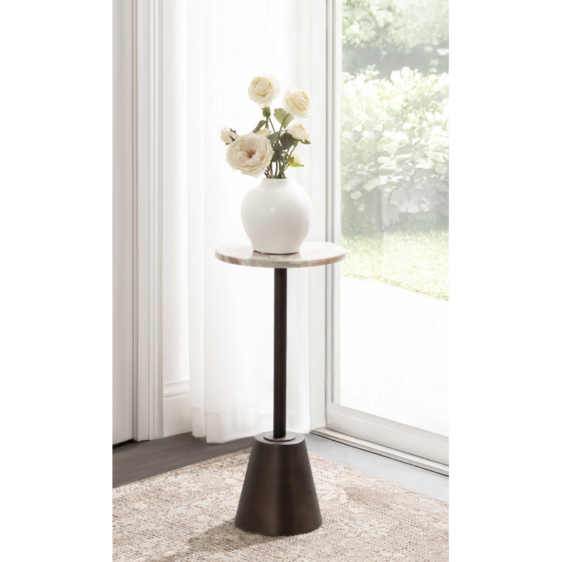 Tira Round Marble and Metal Drink Table, 22" H x 10" W x 10" D, Bronze, Brown/White