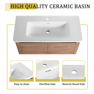 Meuble-lavabo autoportant 64 po avec lavabo en céramique blanche et 2 petites armoires de rangement, porte à fermeture en douceur, chêne imitation, contreplaqué