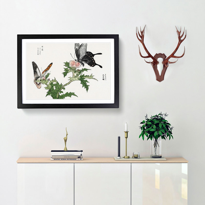 Butterflies on Pink Thistles by Morimoto Toko - Picture Frame Art Print, 48cm H x 65cm W x 2cm D, Black Framed