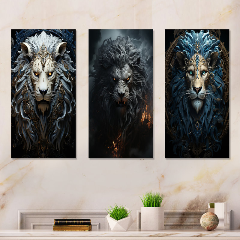 Lions Nocturnal Watch - Lion, impression d'art mural en métal, ensemble de 3, H 28 po x l 36 po