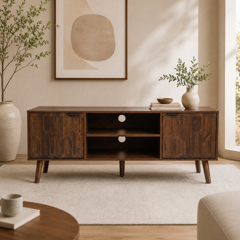 Meuble télé de couleur noyer pour salon, meuble de rangement en forme de trombone de style moderne Mid-Century de 47,27 pouces de largeur