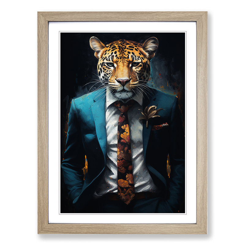 Leopard In A Suit Painting No.4 - Single Picture Frame Print on Wood, 34cm H x 25cm W x 2cm D, Oak Framed