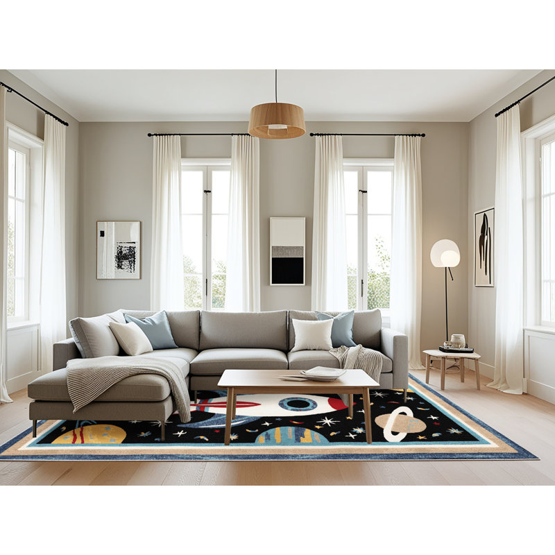 Machine Washable Space Beige Area Rug, Rectangle 6' x 9'