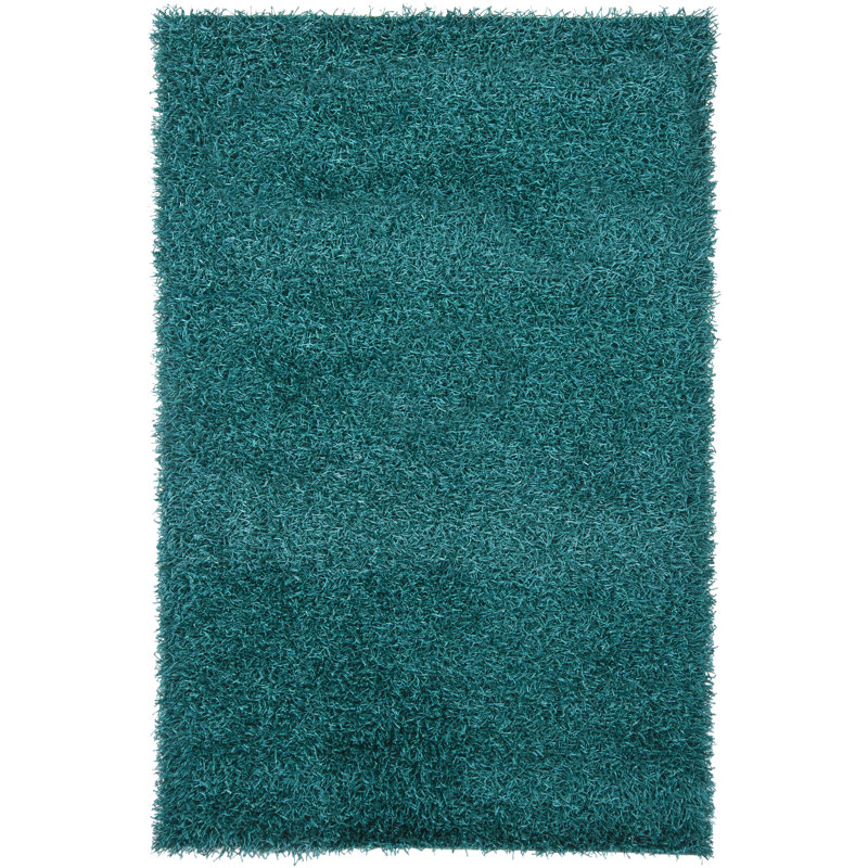 Tapis à poils longs en polyester abstrait tissé à la main bleu sarcelle Heston Authentic, Rectangulaire 4 pi x 6 pi, Sarcelle