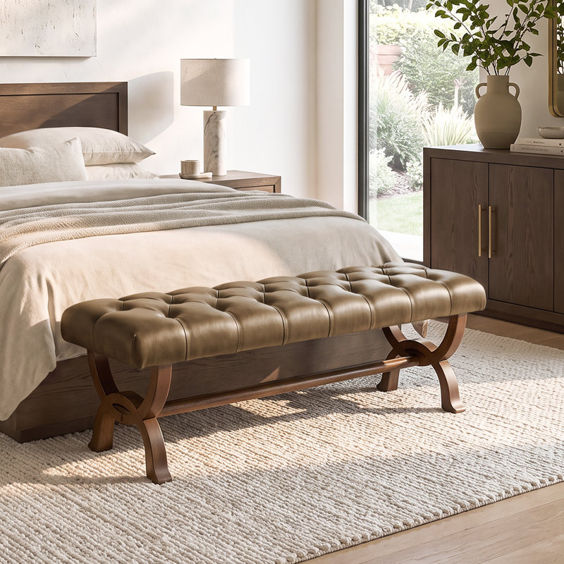 Herman 59.45 " W Tufted Full Grain Leather Upholstered Bench with Solid Ash Wood Frame, Brown