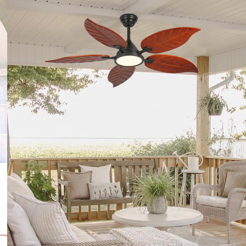 Ventilateur de plafond 52 po en bois massif tropical avec lumière et télécommande - conception à feuilles de palmier, moteur réversible, finition bronze noir, classé pour patio, salon et porches couverts