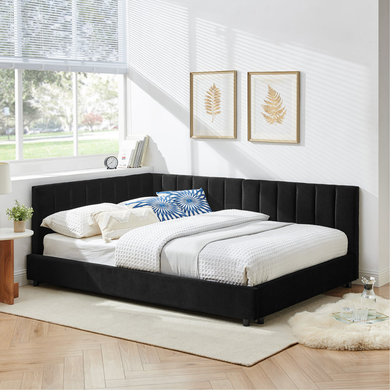 Structure de lit double capitonnée en velours, dossier de canapé avec dossier confortable et accoudoirs, Noir