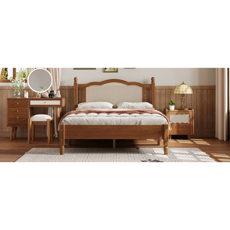 Lit plateforme double en bois avec tête de lit en rotin naturel, cadre de lit rétro, Noyer, Double