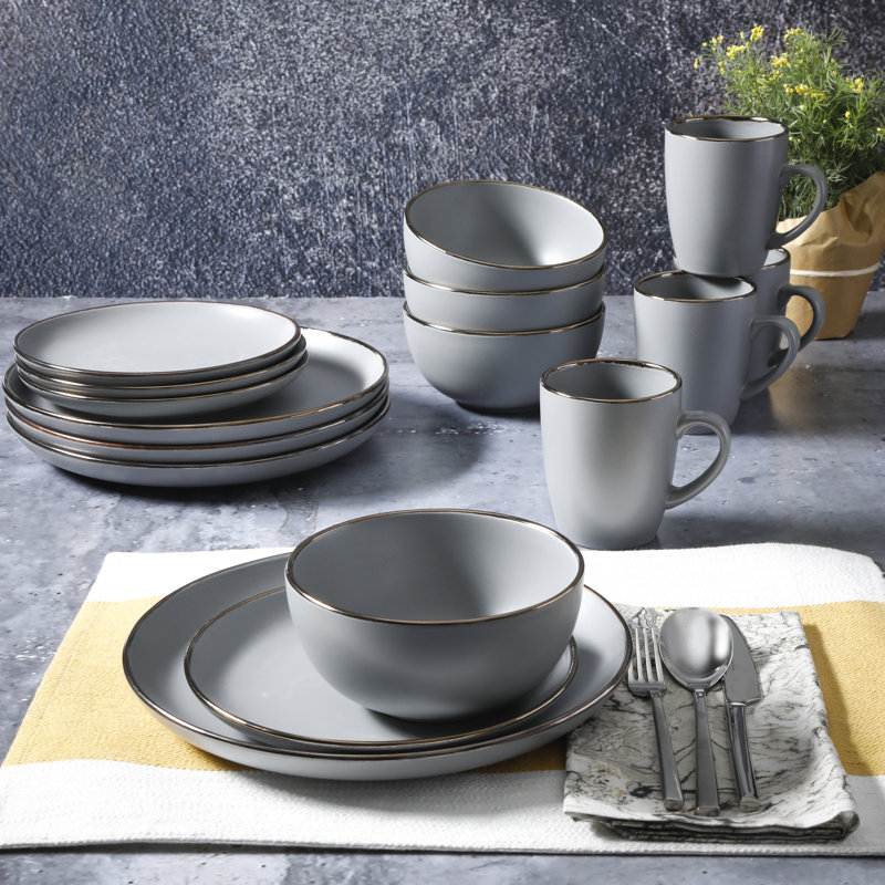 Gray and Gold Rim Ceramic Dinnerware Set, Service for 4