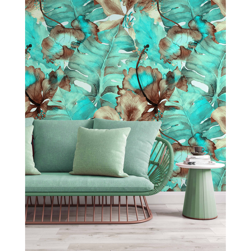Papier peint floral à feuilles turquoise, L 114 po x l 172 po