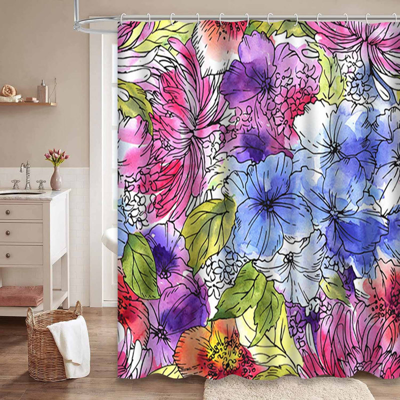 Rideau de douche sans couture à fleurs et aquarelle avec 12 crochets, L 72 po x l 84 po