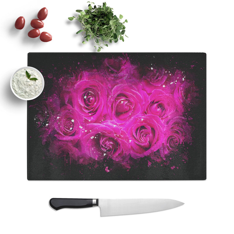 Tempered Glass Wall of Bright Roses Paint Splash Chopping Board, 20 cm x 28.5 cm