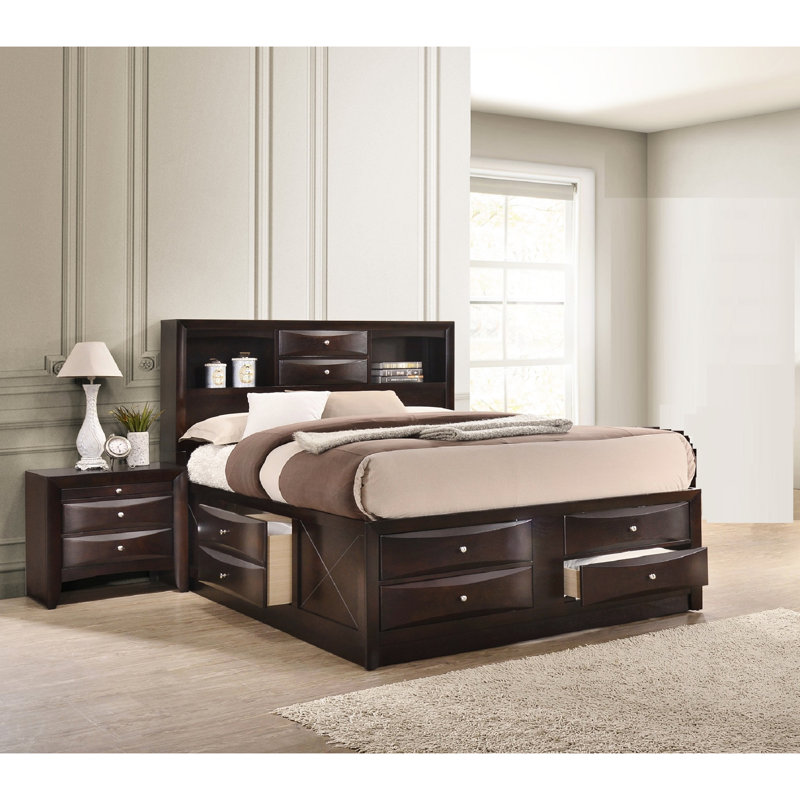 Queen Size Dark Cherry Platform Bed With Bookcase, Contemporary Bedroom Furniture Refinement Bookcase And Drawers For Organization