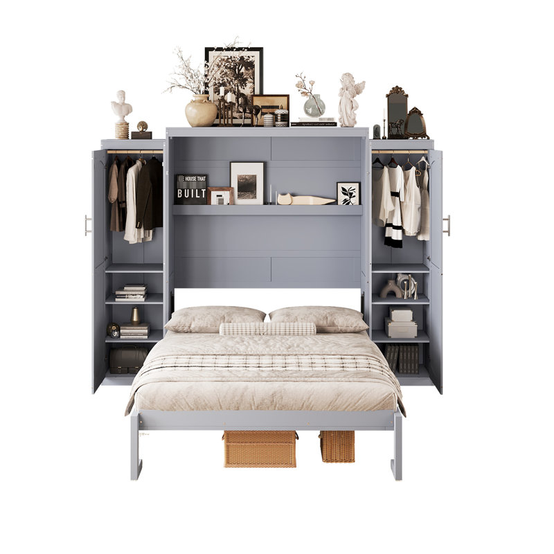 Full Size Bed In Gray Color, Multifunctional Foldable Bedframe With 2 Wardrobes, Ideal For Small Spaces And Guest Rooms, Pine Wood Material
