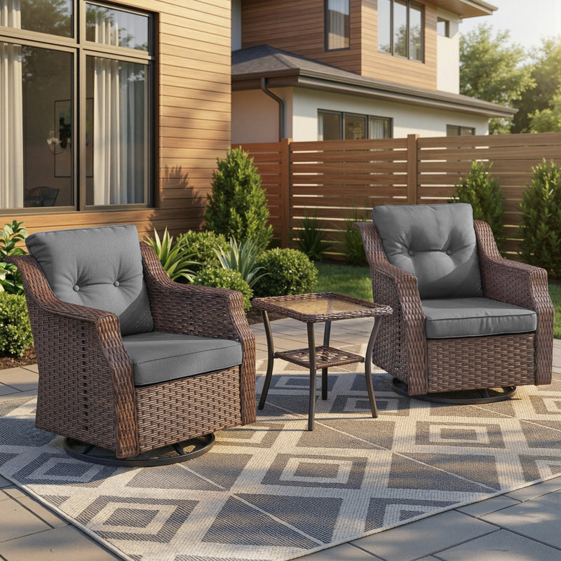 Chaises berçantes pivotantes d'extérieur en rotin 3 pièces avec table d'appoint en verre, Gris
