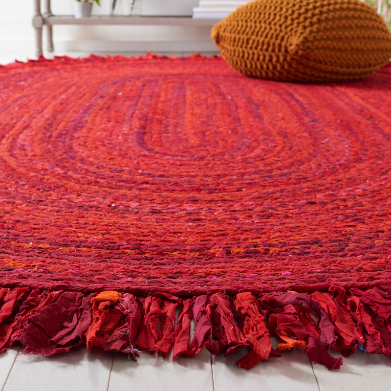 Tapis de couleur unie en coton tissé à la main en rouge, Ovale 3 pi x 5 pi