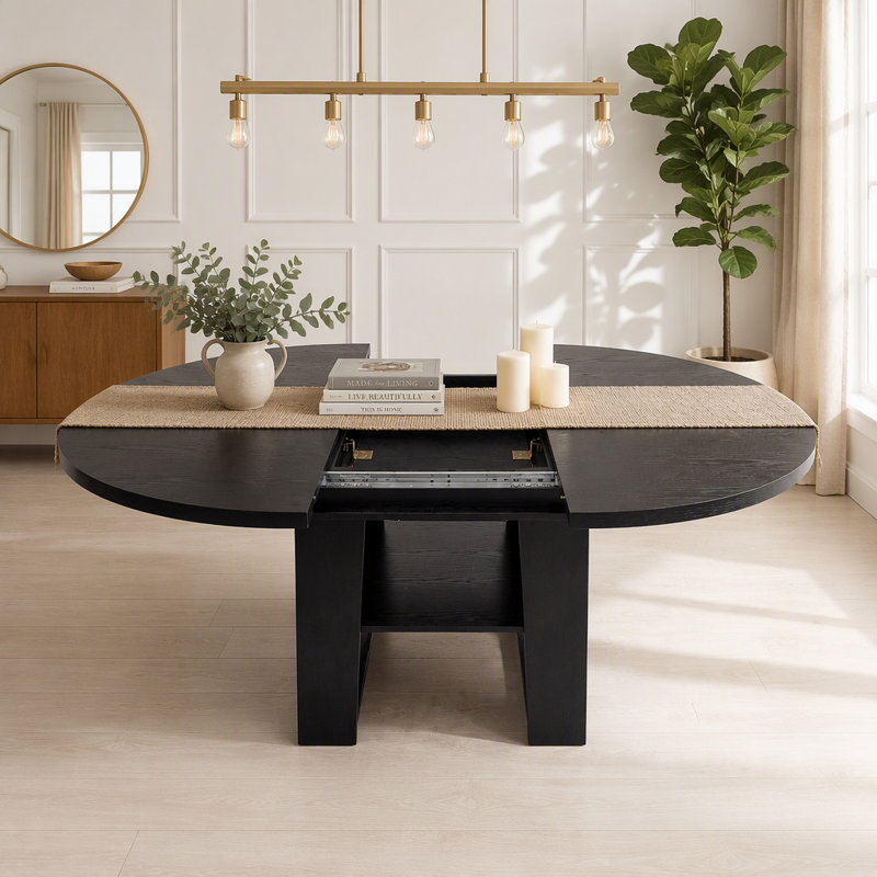Table de salle à manger extensible ronde 43,3 "à 59" pour 4-6, table de cuisine ronde à ovale avec rallonge rabattable intégrée, base stable en H et tablette de rangement, noir
