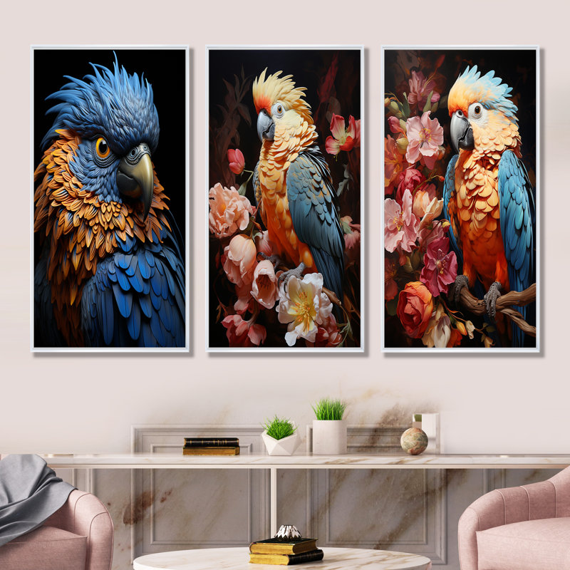 Plumage mystique bleu et jaune - Rhapsodie tropicale - ensemble de 3 décorations murales de perroquets, Cadre flottant blanc