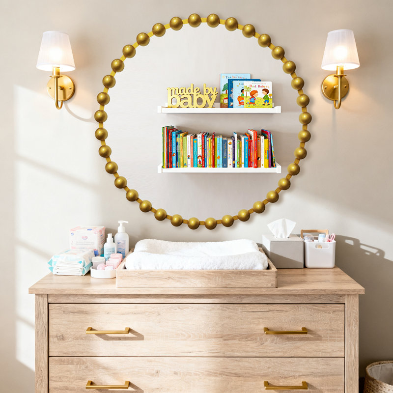 Metal Frame Beaded Decorative Round Wall Mirror, 27" x 27", Gold