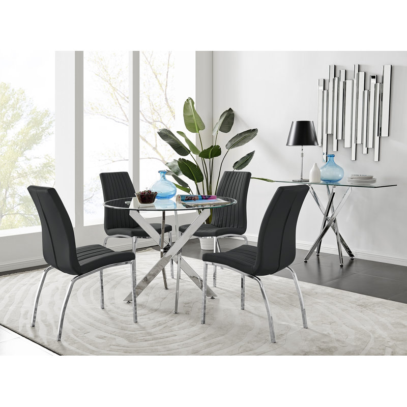 Tierra Sleek Metal and Glass Round Dining Table Set with 4 Faux Leather Upholstered Dining Chairs, Black