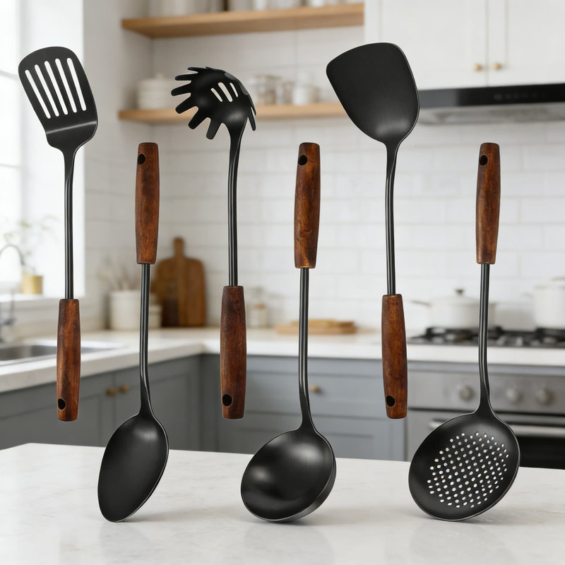 Ensemble d'ustensiles de cuisine 6 pièces en acier inoxydable avec poignée en bois, ustensiles de cuisine de qualité professionnelle 304, résistant à la chaleur, lavable au lave-vaisselle pour un nettoyage facile