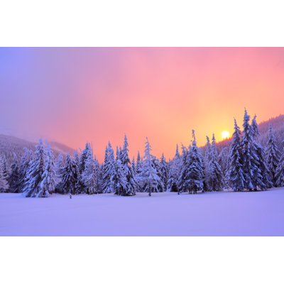 Sunrise Enlightens Sky Mountain And Trees Standing In Snowdrifts Covered By Frozen Snow With Yellow Shine Winter Landscape For Leaflets - Wrapped Canvas Print