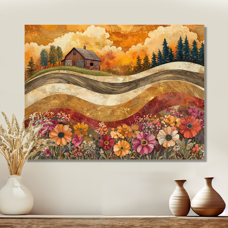 Assortiment de bouquets de fleurs, paysage de grange III - campagne, art mural en métal, H 12 po x l 20 po