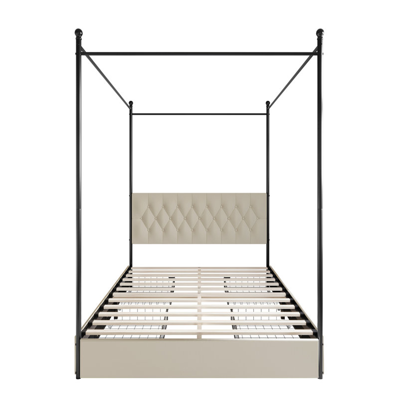 Jamerson Upholstered 4 Drawers Metal Storage Canopy Bed, Queen
