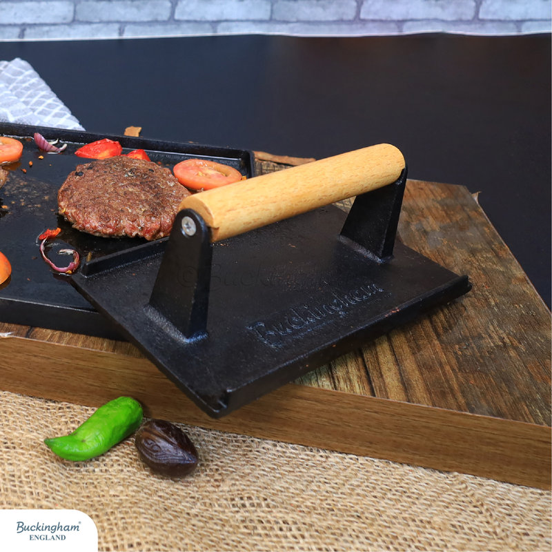 Buckingham Cast Iron Steak Weight Grill Press with Wooden Handle Ideal for Burger Steak BBQ 21 Cm