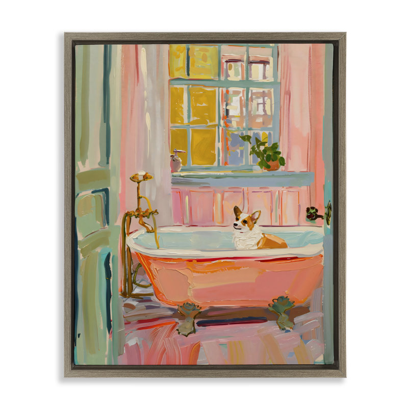 Cadre flottant Corgi dans la baignoire, design par The Prints Vibe, 21 x 17, Montalcino Elm Floater Framed