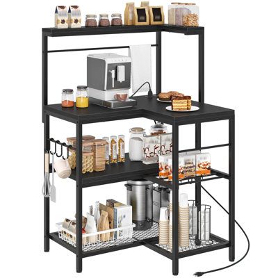 L-Shaped Bakers Rack with Power Outlet, 4-Tier Corner Microwave Stand with Storage, Coffee Bar Station with 8 Hooks, Kitchen Shelf Rack, 2 Installation Methods, (Black)