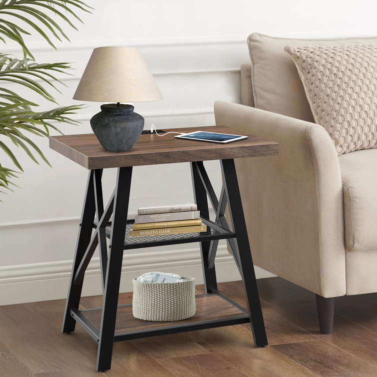 Jalane Tall End Table with 2 USB Ports, 2 Power Outlets, and 3-Tier Storage Shelves 17 Stories Color: Wash Gray