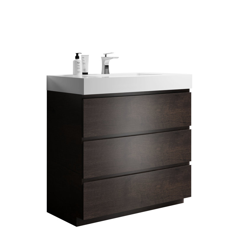 Meuble-lavabo de salle de bain 36 po - noyer, lavabo blanc, rangement spacieux, lavabo élégant et moderne, finitions intégrées, thème