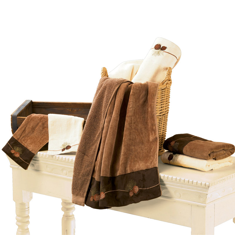 Lodge Pine Cone Embroidered Pine Cone Western Cabin Style 3 Piece Towel Set, Mocha