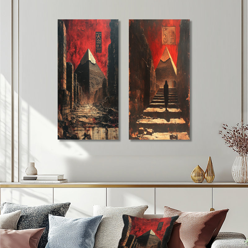 «Red Pharaohs Legacy Giza Pyramid I», ensemble d'art mural égyptien 2 pièces, H 28 po x l 24 po, Toile tendue