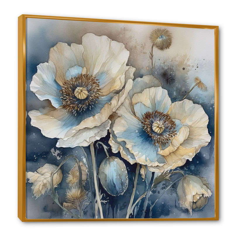 «Blue Poppy Serenity I», reproduction sur toile, Cadre flottant doré, H 24 po x l 24 po x P 1 po