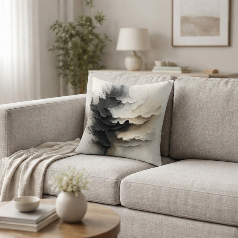 Coussin décoratif noir et blanc «Uniant Horizons», H 20 po x l 20 po