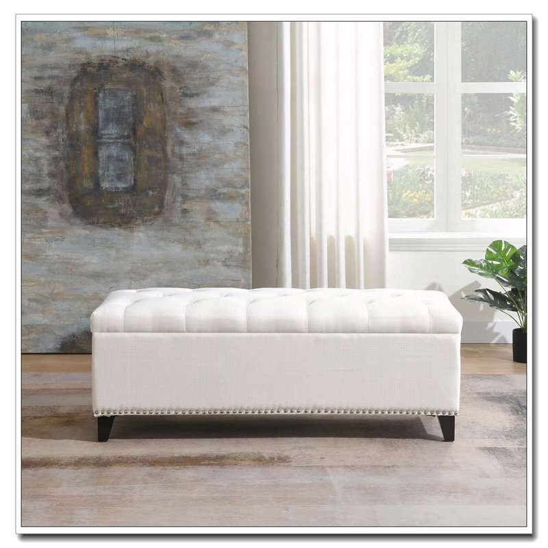 Banc de rangement en lin capitonné, Beige