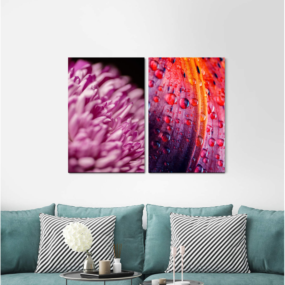 2-tlg. Leinwandbilder-Set - Grafikdruck „Flowers Blossoms Raindrops Colourful Focus”