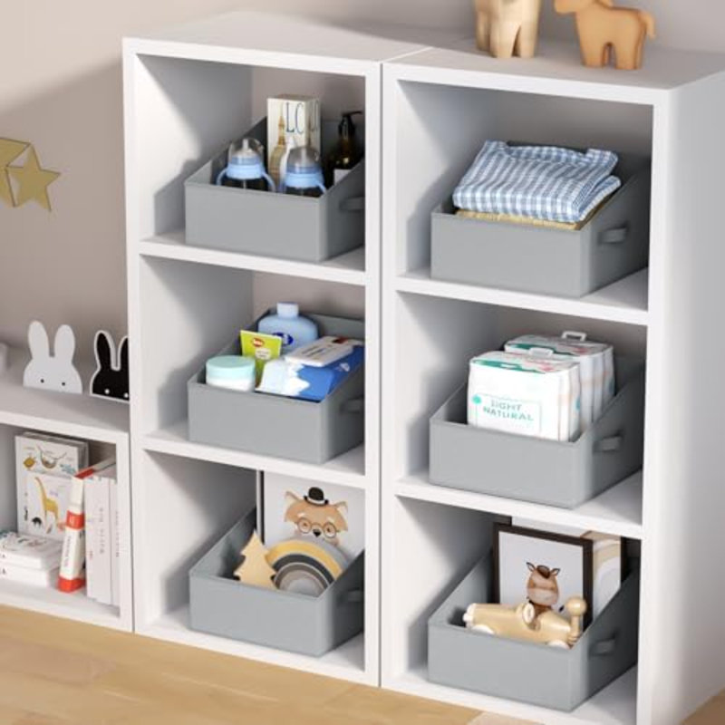 Storage Bins For Closet, Trapezoid Storage Bins With Front Handle, Fabric Storage Baskets For Shelves, Line Closet Organizers For Toys, Boooks, Clothes, 6 Packs (Grey)
