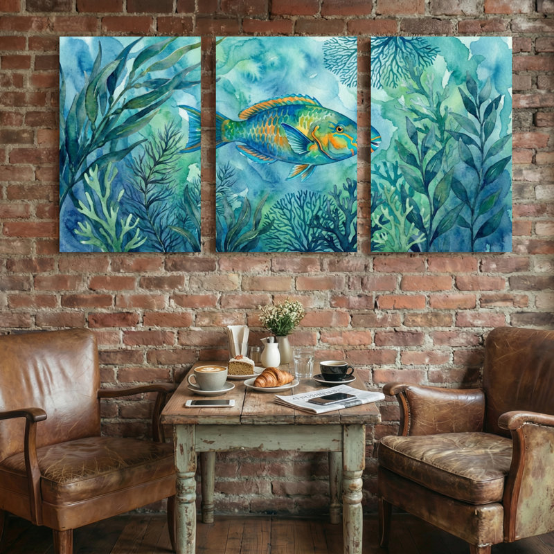 Animaux, poissons colorés nageant parmi des plantes aquatiques, ensemble de 3 impressions sur toile, H 18 po x l 36 po