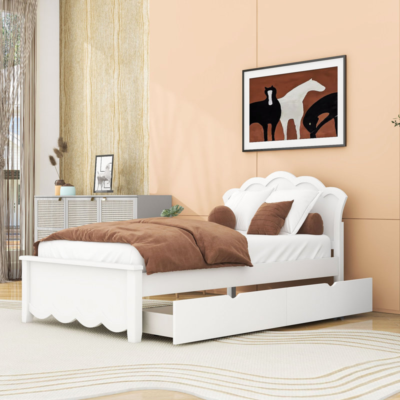 Lit plateforme en bois avec tête de lit et 2 tiroirs, Lit simple