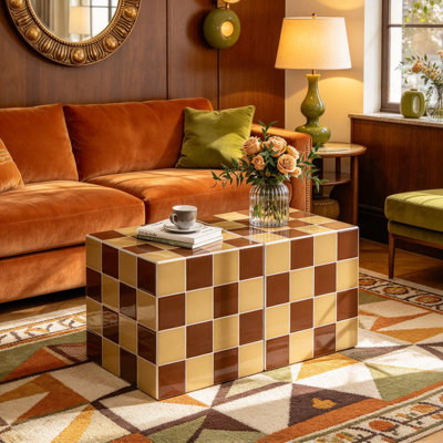 Set of 2 Vintage Faux Tile MDF Decorative Riser, Stackable DIY Display Block for Coffee Table & Window, Mid-Century Industrial Tabletop Decor Stand